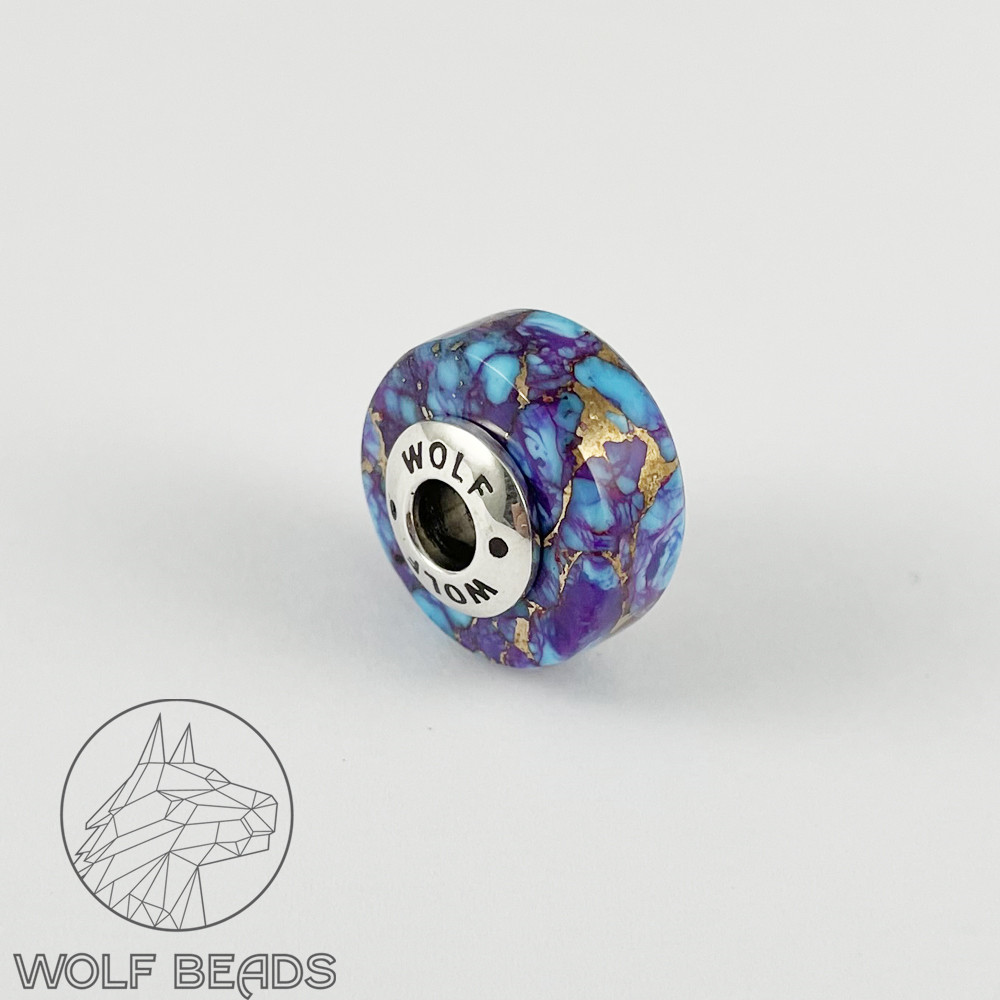 Turquoise & Purple Mohave Turquoise #2 | Barrel Charm Bead | Handmade | Sterling Silver Core (image for) Turquoise & Purple Mohave Turquoise #2 | Barrel Charm Bead | Handmade | Sterling Silver Core