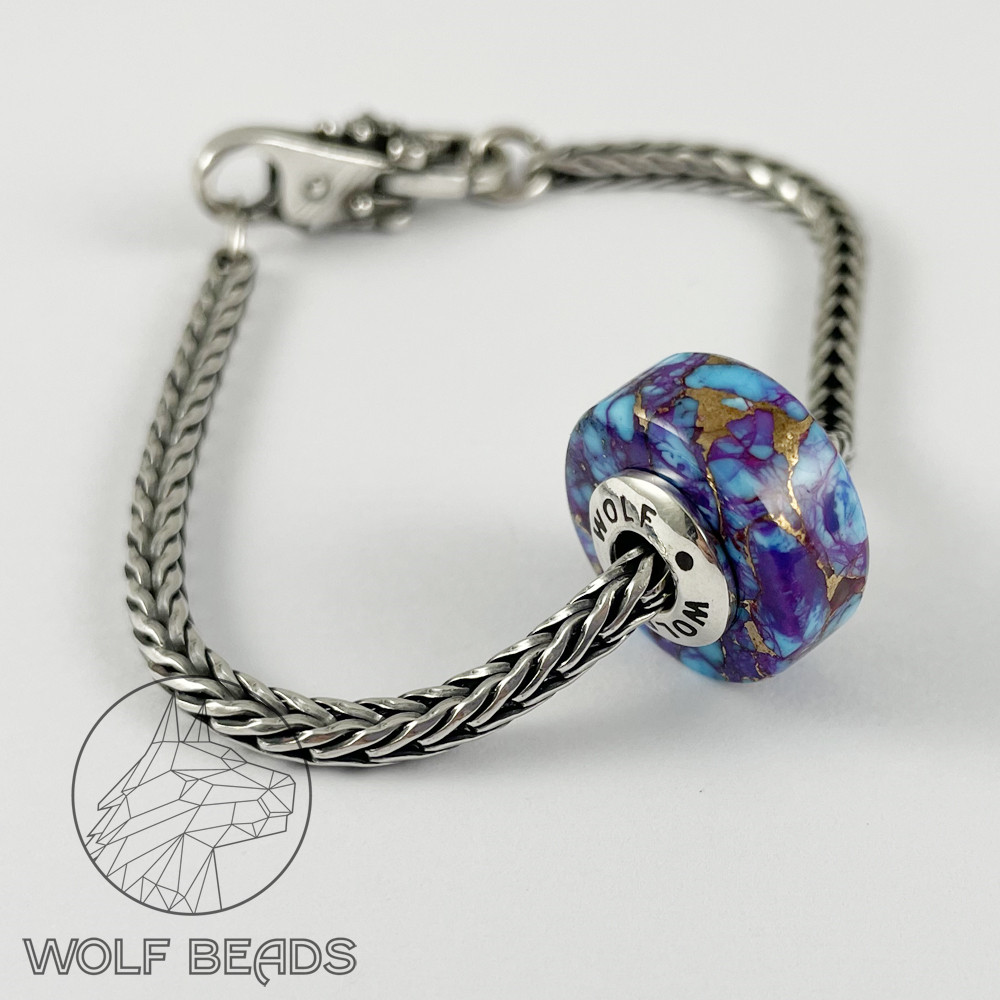 Turquoise & Purple Mohave Turquoise #2 | Barrel Charm Bead | Handmade | Sterling Silver Core (image for) Turquoise & Purple Mohave Turquoise #2 | Barrel Charm Bead | Handmade | Sterling Silver Core