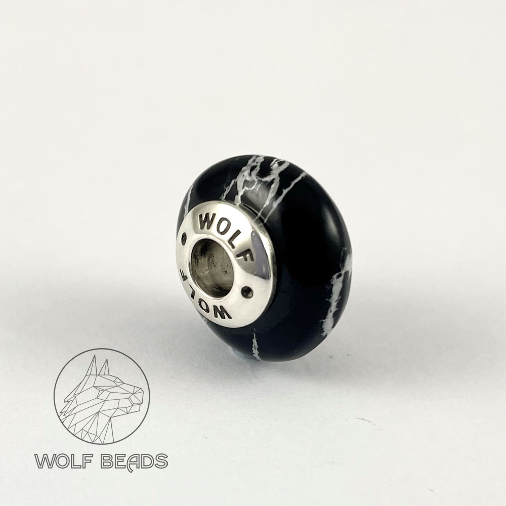 Black Marble Charm Bead | Handmade | Rondelle Shape | Sterling Silver Core (image for) Black Marble Charm Bead | Handmade | Rondelle Shape | Sterling Silver Core