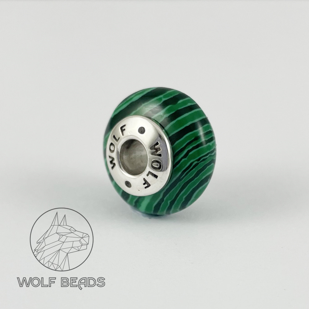 Malachite | Rondelle Charm Bead | Handmade | Sterling Silver Core (image for) Malachite | Rondelle Charm Bead | Handmade | Sterling Silver Core